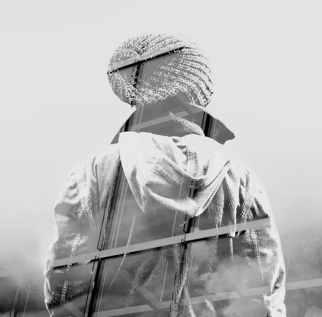 Double exposure: Man/Grid